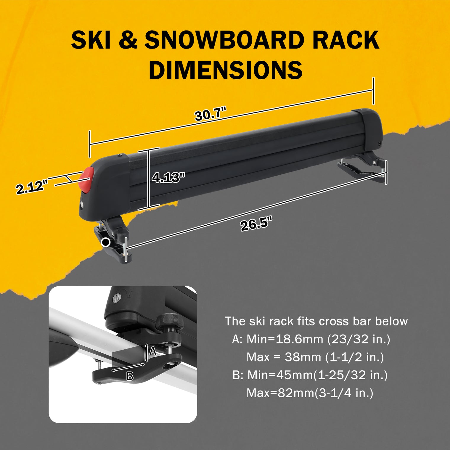 24.3 Inch Ski and Snowboard Rack for Car Roof, with TPV Rubber Padding and Lock, Fit 4 Pairs of Skis or 4 Snowboards