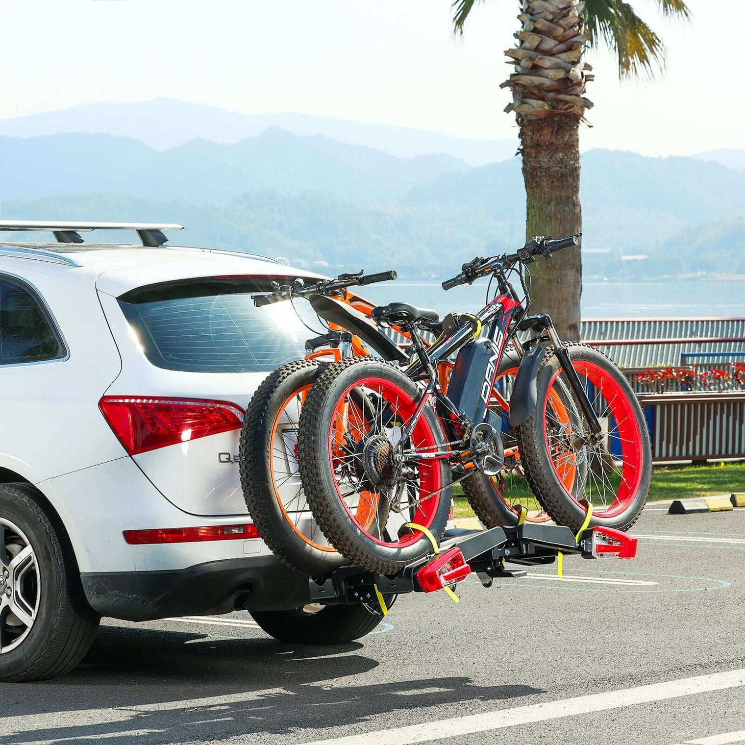 2 E-Bike Foldable Hitch Mount Rack with Light for 2" Receiver SUV & Trucks, Up to 4'' Fat Tire, Lockable Hitch Racks for E-Bike with Ramp and Wheels, 200 LBS Capacity