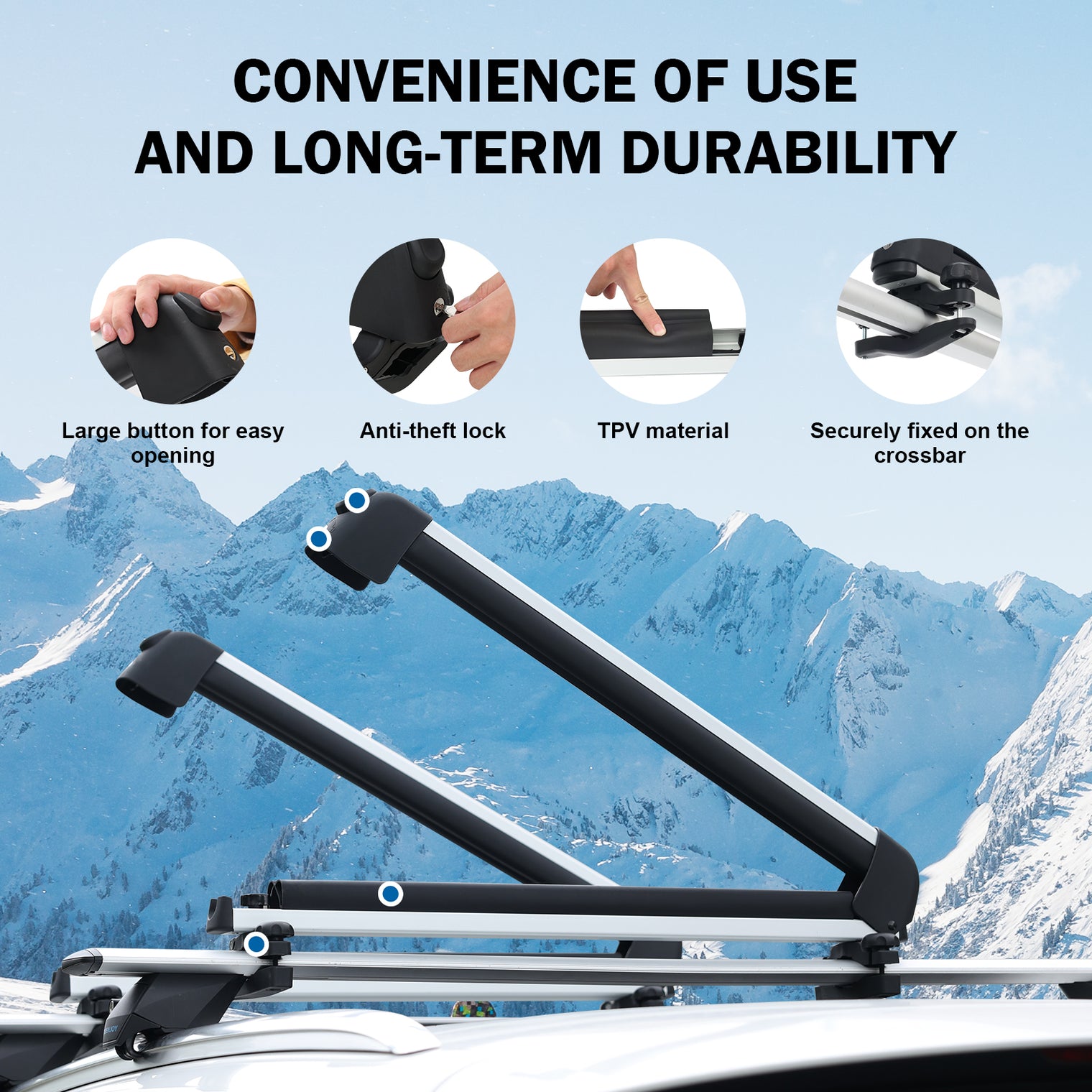 Ski and Snowboard Rack for Car Roof, with TPV Rubber Padding and Lock