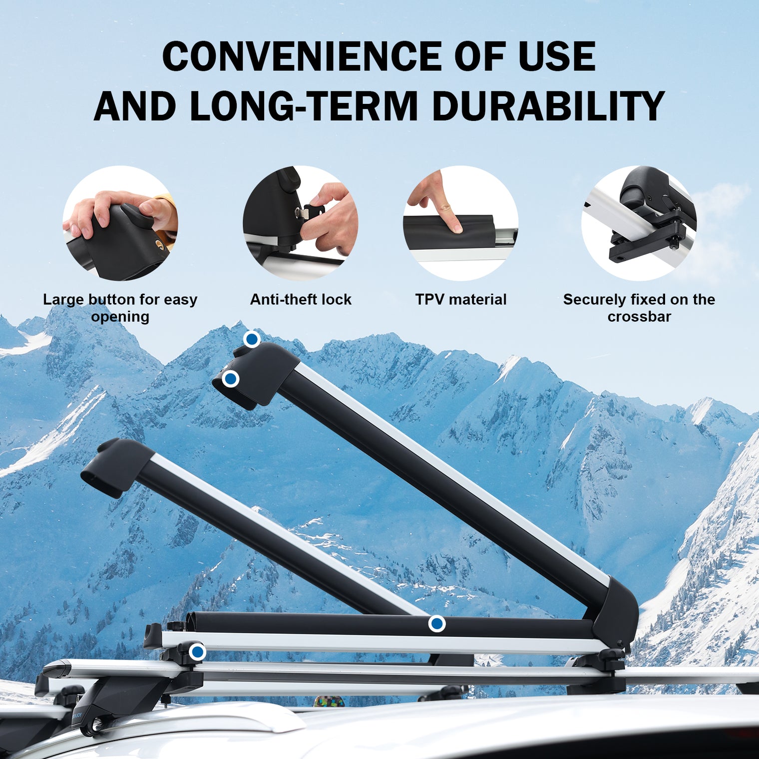 24.3 Inch Ski and Snowboard Rack for Car Roof, with TPV Rubber Padding and Lock, Fit 4 Pairs of Skis or 4 Snowboards