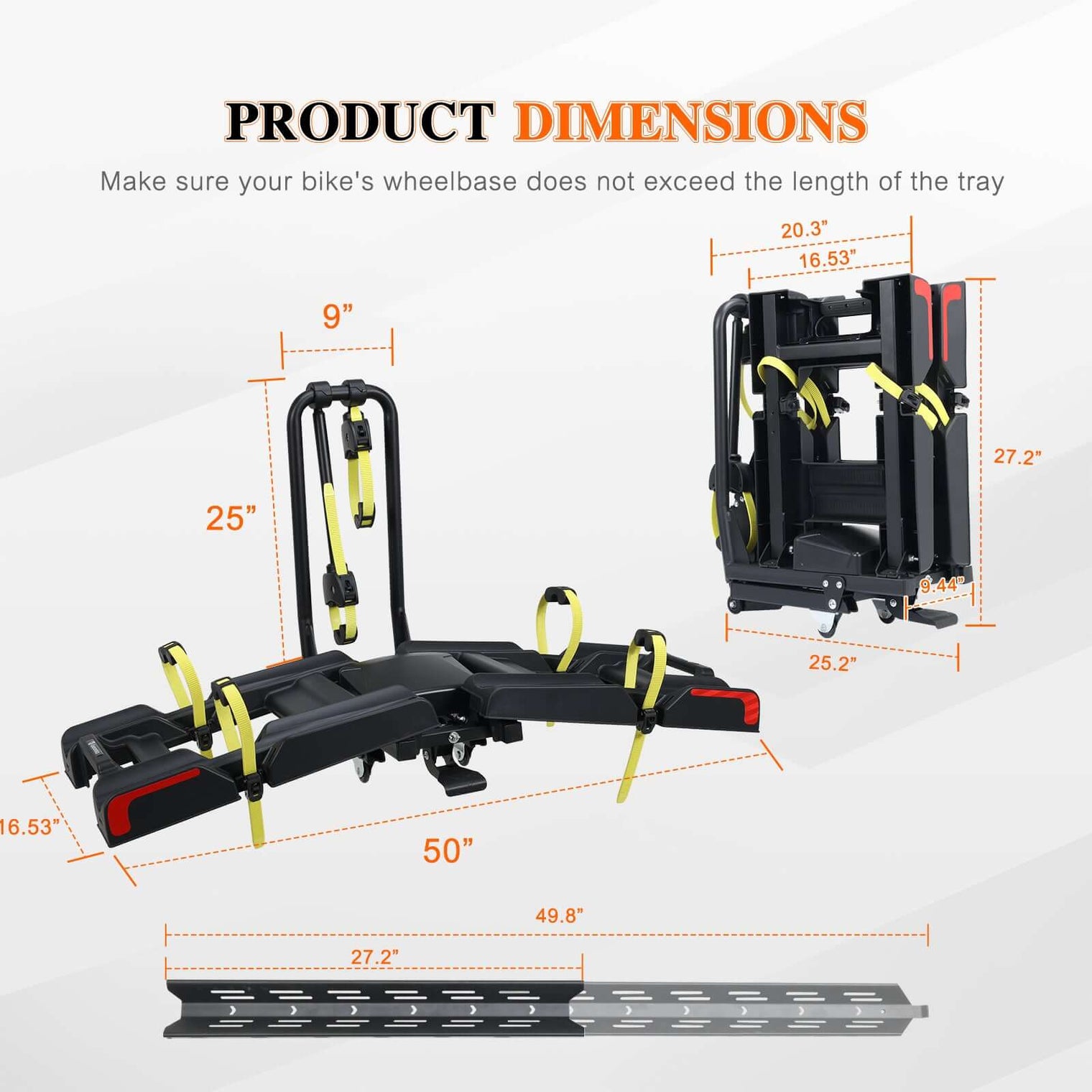 2 E-Bike Foldable Hitch Mount Rack for 2" Receiver SUV & Trucks, Up to 4'' Fat Tire, Lockable Hitch Racks for E-Bike with Ramp and Wheels, 200 LBS Capacity