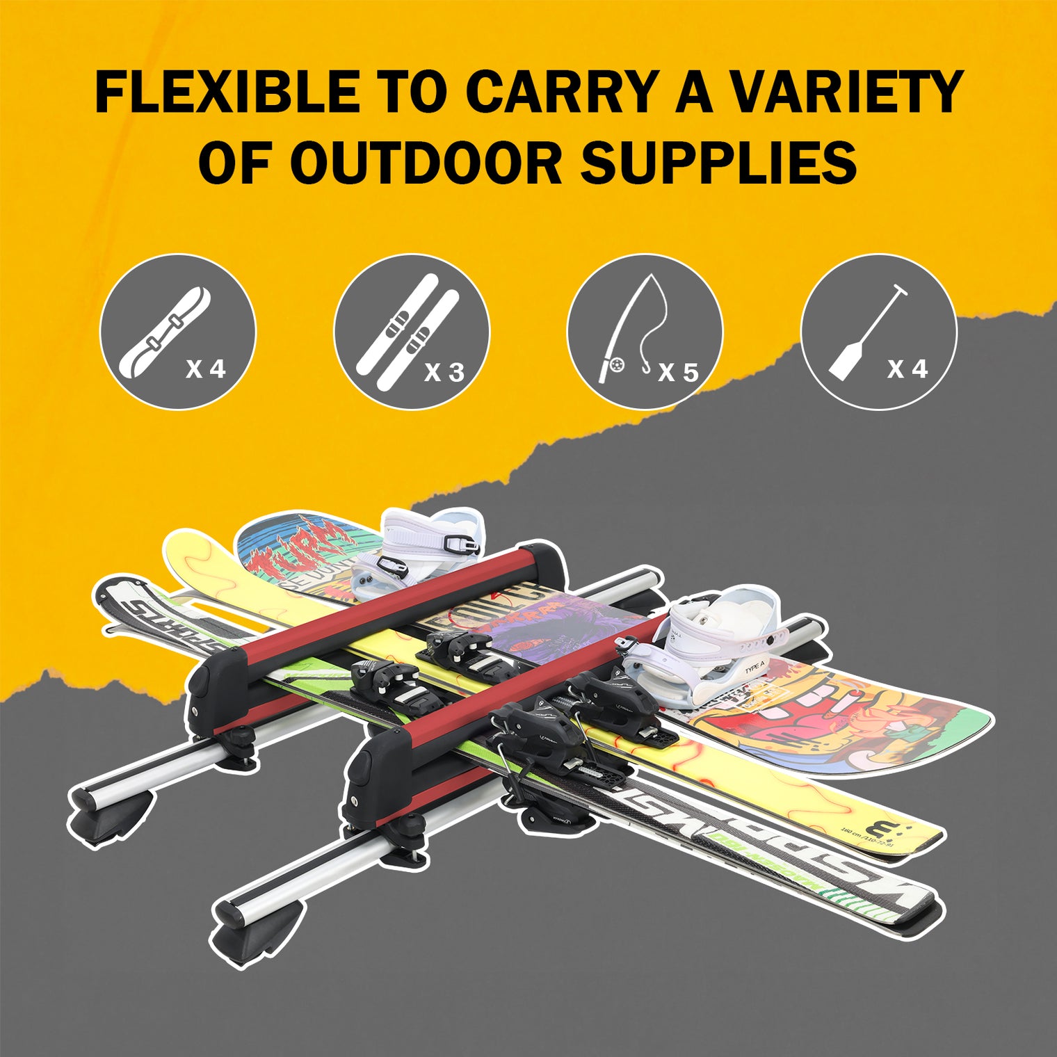 24.3 Inch Ski and Snowboard Rack for Car Roof, with TPV Rubber Padding and Lock, Fit 4 Pairs of Skis or 4 Snowboards