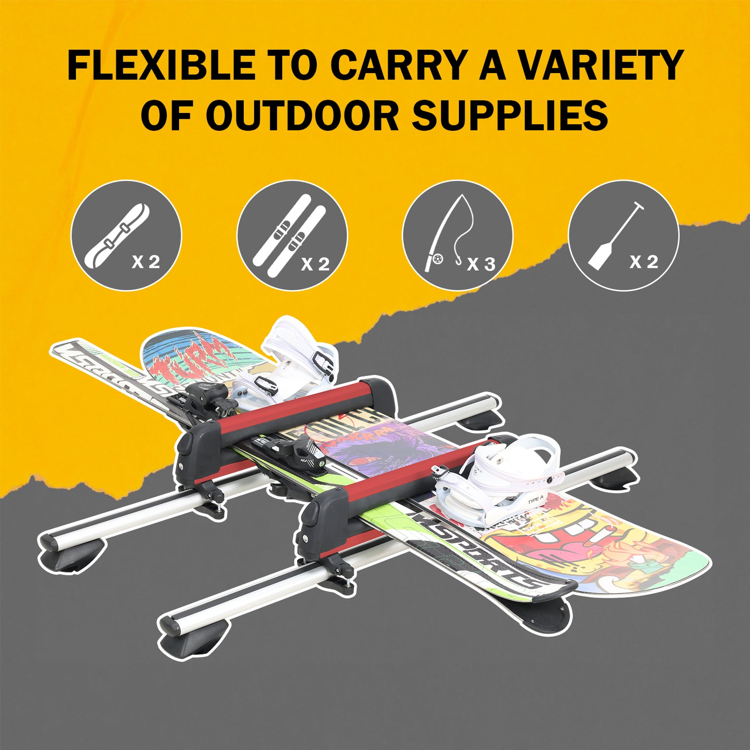 Ski and Snowboard Rack for Car Roof, with TPV Rubber Padding and Lock