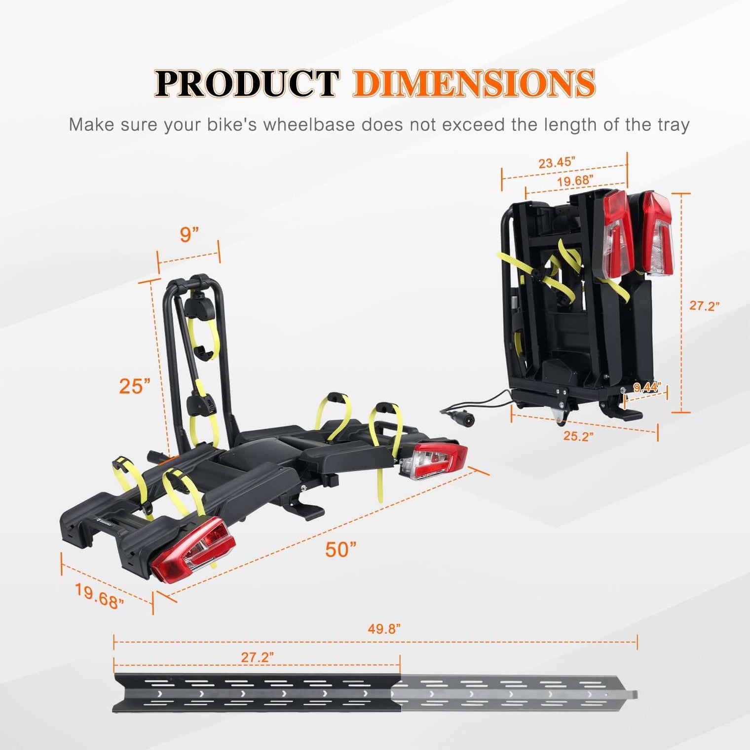 2 E-Bike Foldable Hitch Mount Rack with Light for 2" Receiver SUV & Trucks, Up to 4'' Fat Tire, Lockable Hitch Racks for E-Bike with Ramp and Wheels, 200 LBS Capacity