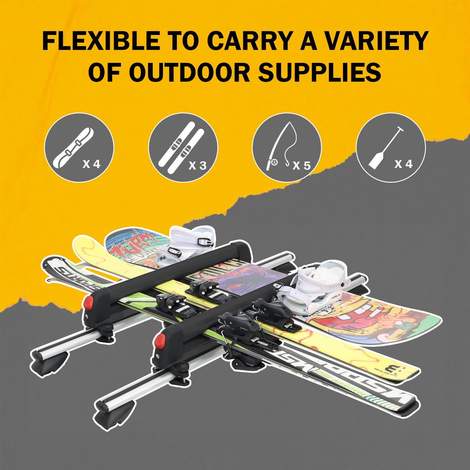 24.3 Inch Ski and Snowboard Rack for Car Roof, with TPV Rubber Padding and Lock, Fit 4 Pairs of Skis or 4 Snowboards