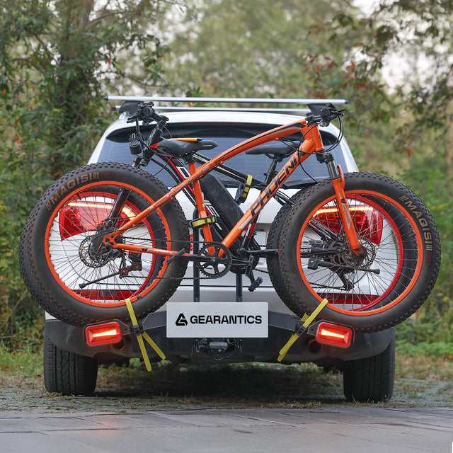 2 E-Bike Foldable Hitch Mount Rack with Light for 2" Receiver SUV & Trucks, Up to 4'' Fat Tire, Lockable Hitch Racks for E-Bike with Ramp and Wheels, 200 LBS Capacity