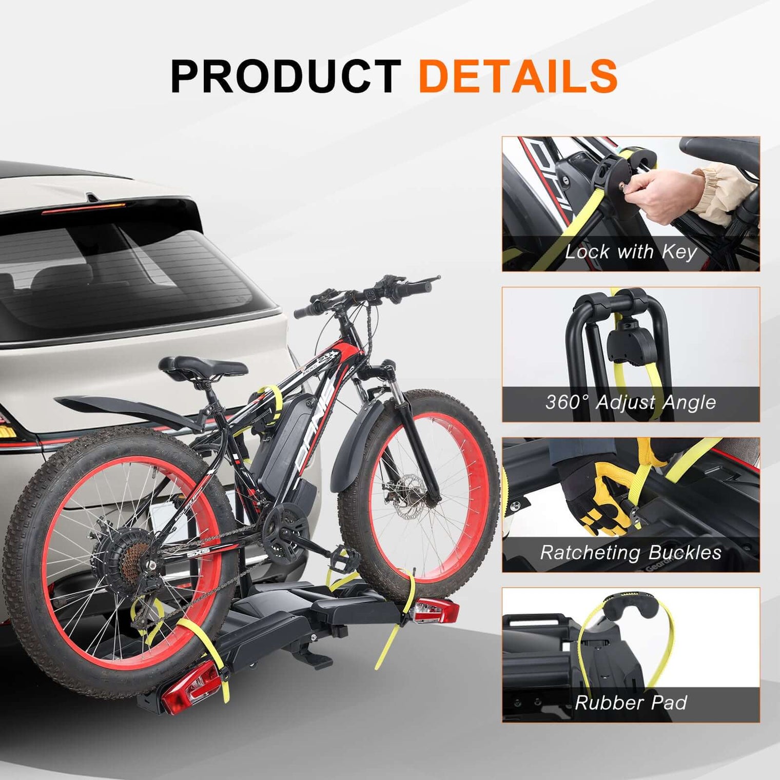 2 E-Bike Foldable Hitch Mount Rack with Light for 2" Receiver SUV & Trucks, Up to 4'' Fat Tire, Lockable Hitch Racks for E-Bike with Ramp and Wheels, 200 LBS Capacity