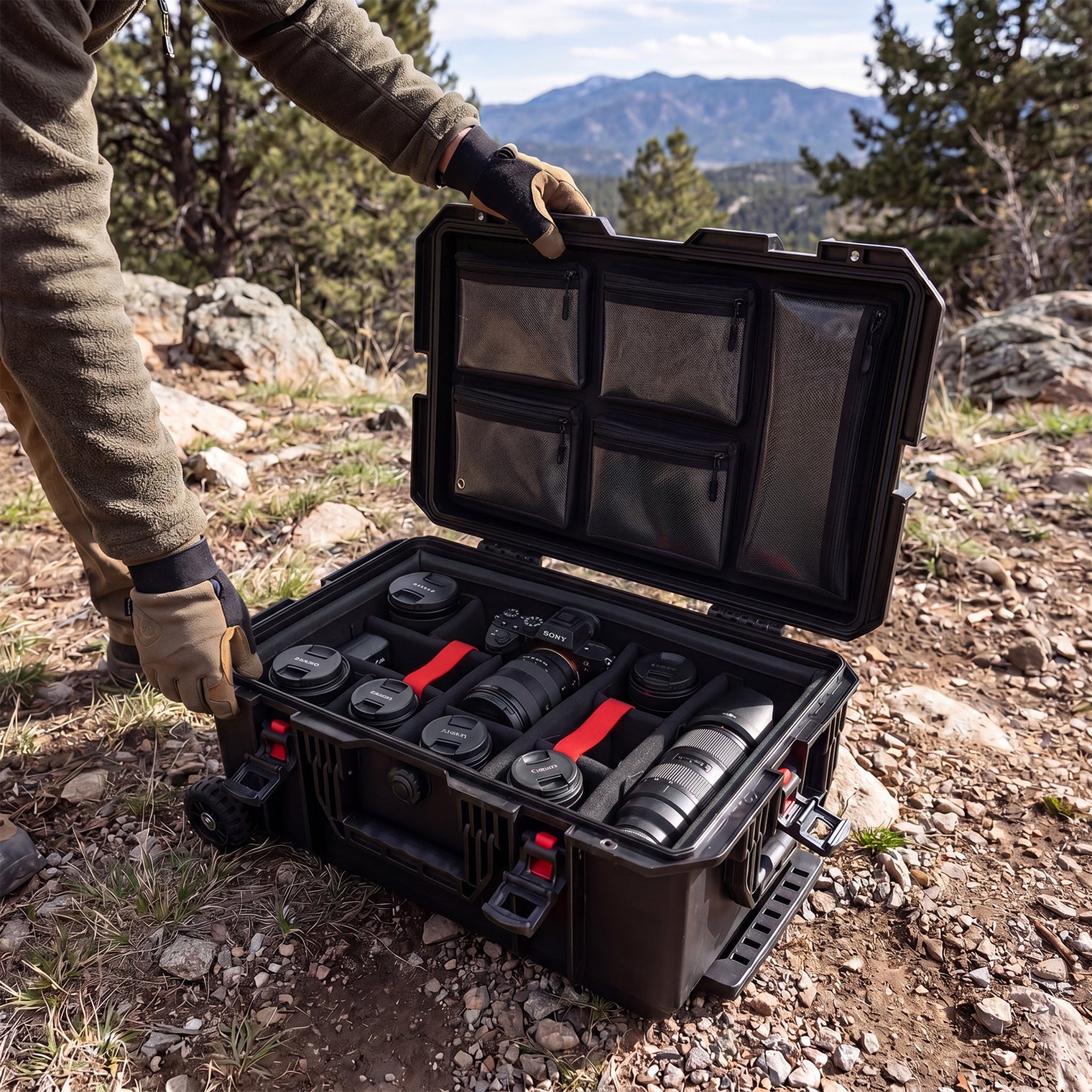 Weatherproof Hard Case, Trolley Case with Wheels, Retractable Pull Handle, IP67 Waterproof Case for Camera, Drones and Gear