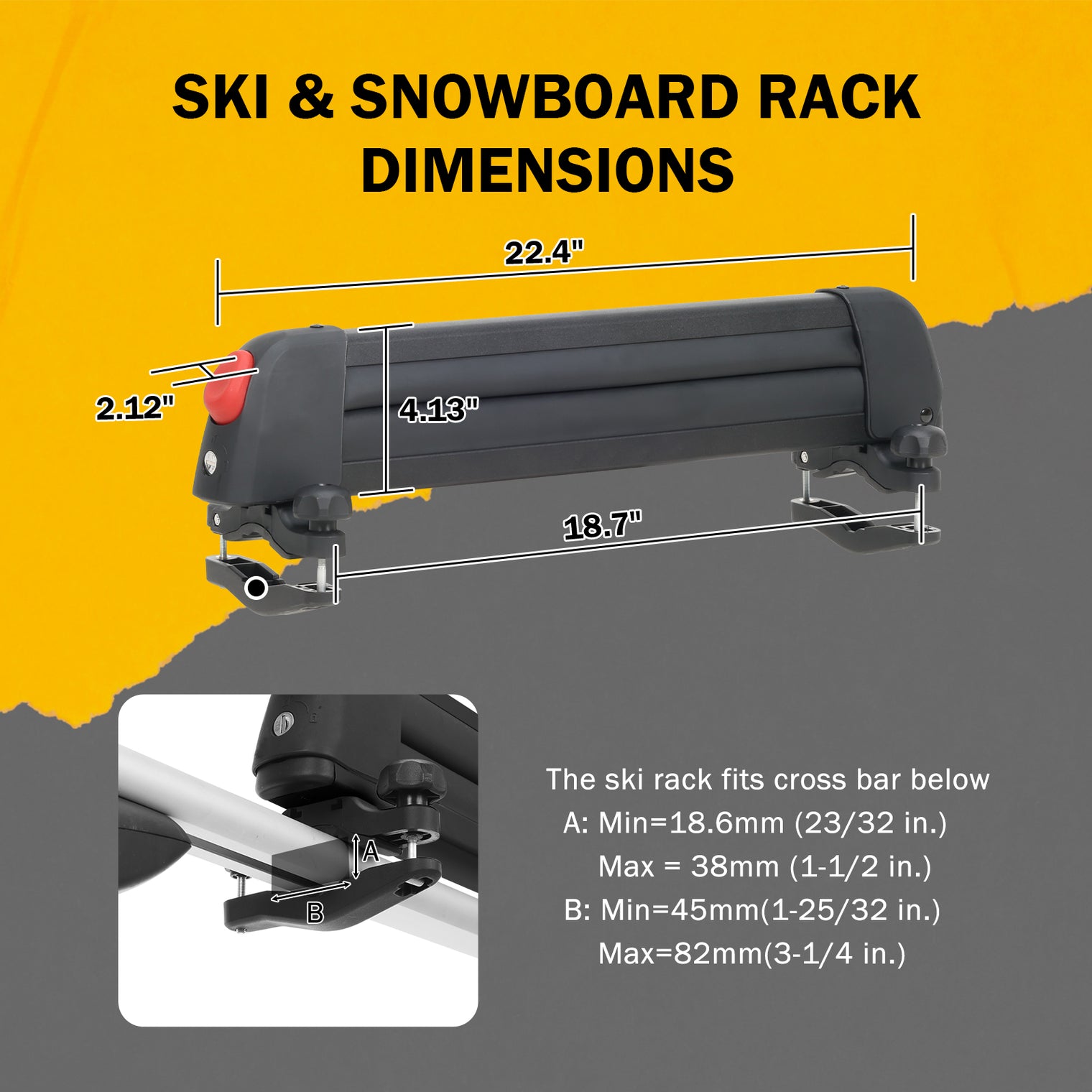 16.3 Inch Ski and Snowboard Rack for Car Roof, with TPV Rubber Padding and Lock, Fit 2 Pairs of Skis or 2 Snowboards
