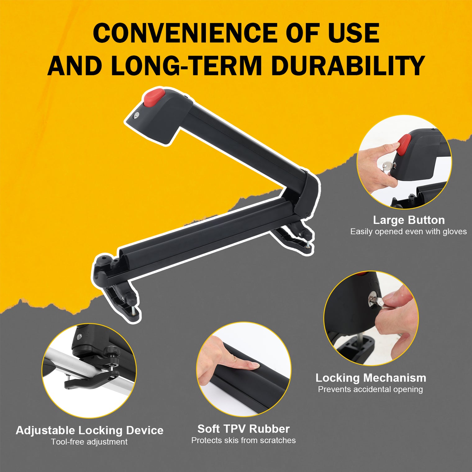 16.3 Inch Ski and Snowboard Rack for Car Roof, with TPV Rubber Padding and Lock, Fit 2 Pairs of Skis or 2 Snowboards