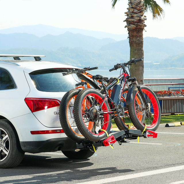 2 E-Bike Foldable Hitch Mount Rack with Light for 2" Receiver SUV & Trucks, Up to 4'' Fat Tire, Lockable Hitch Racks for E-Bike with Ramp and Wheels, 200 LBS Capacity