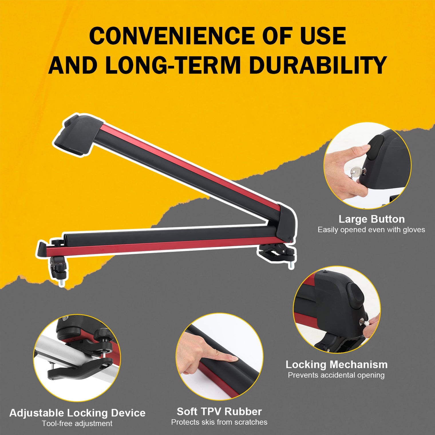 24.3 Inch Ski and Snowboard Rack for Car Roof, with TPV Rubber Padding and Lock, Fit 4 Pairs of Skis or 4 Snowboards