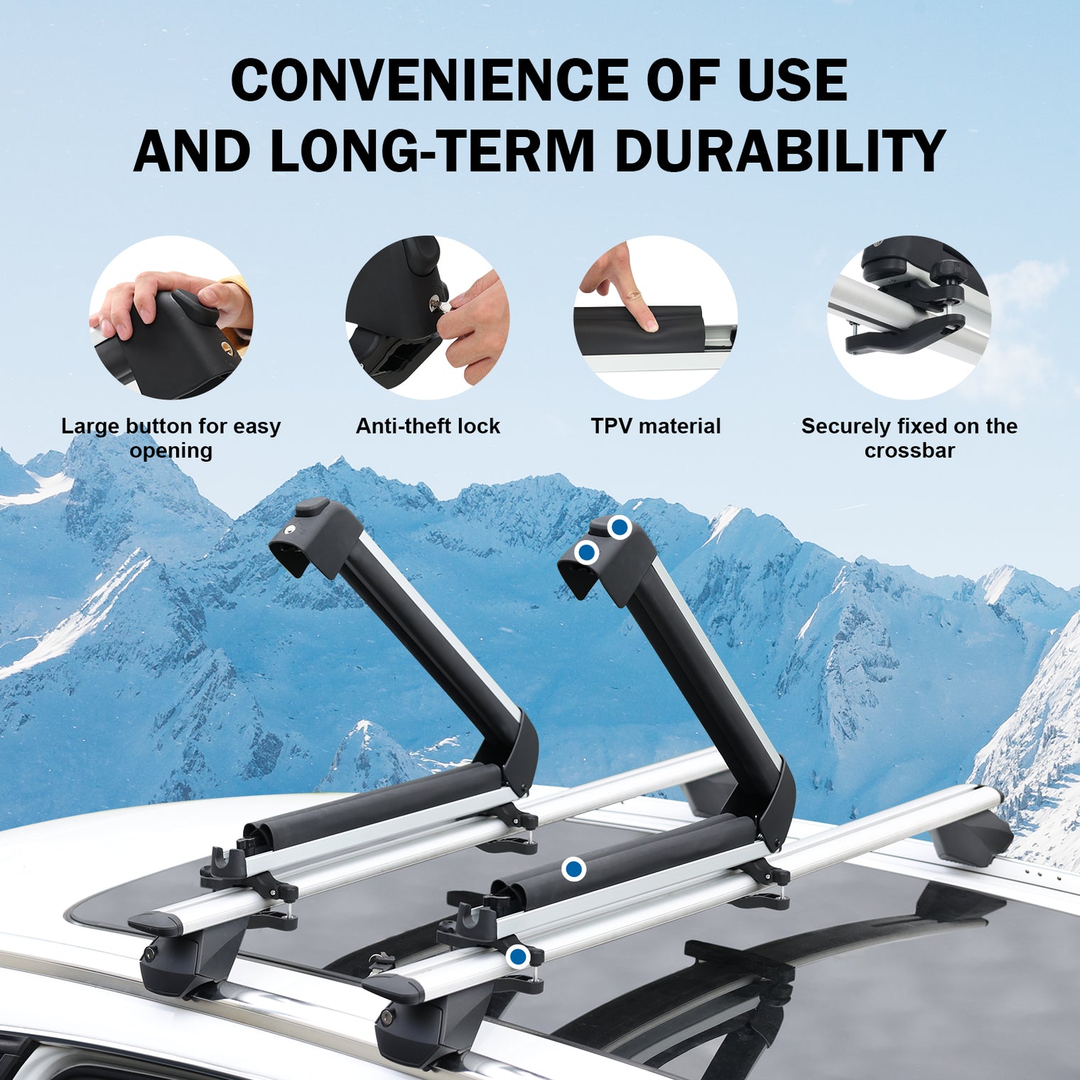 Ski and Snowboard Rack for Car Roof, with TPV Rubber Padding and Lock