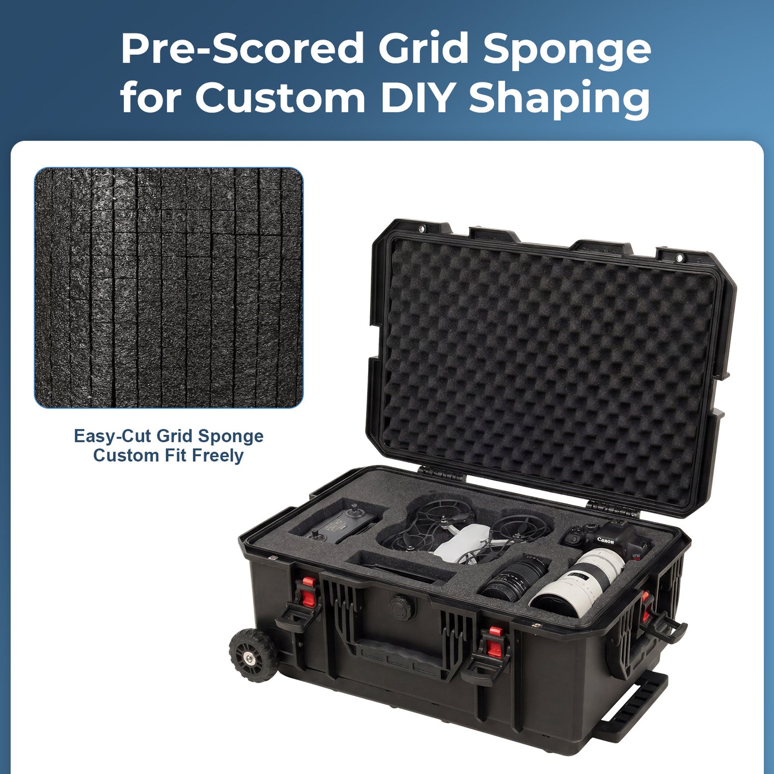Weatherproof Hard Case, Trolley Case with Wheels, Retractable Pull Handle, Easy-Cut Grid Foam, IP67 Waterproof Case for Camera, Drones and Gear