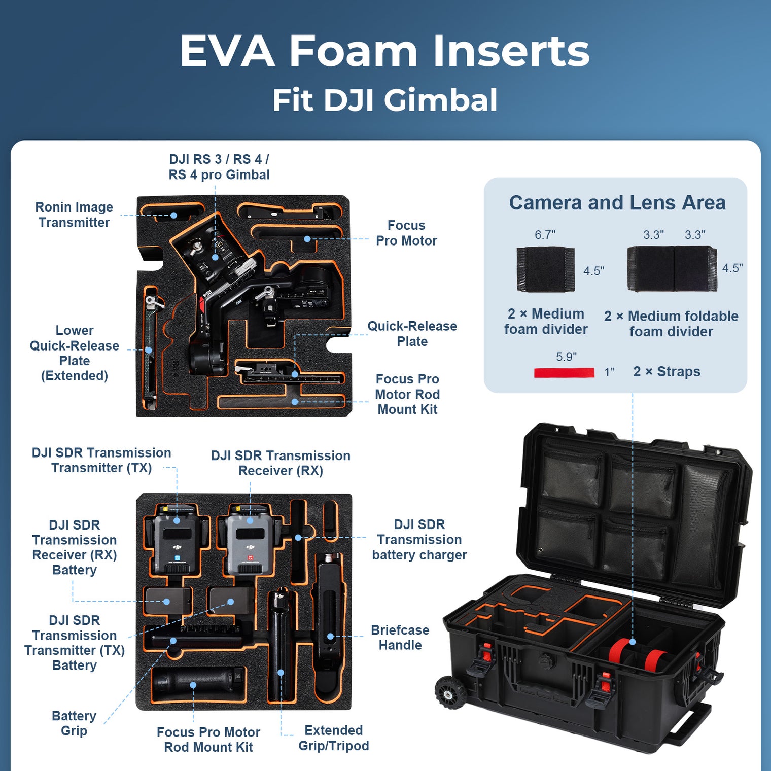 Weatherproof Hard Case for DJI Gimbal, Trolley Case with Custom-Cut EVA Foam, Wheels & Retractable Pull Handle, IP67 Waterproof Case for Camera, Drones and Gear