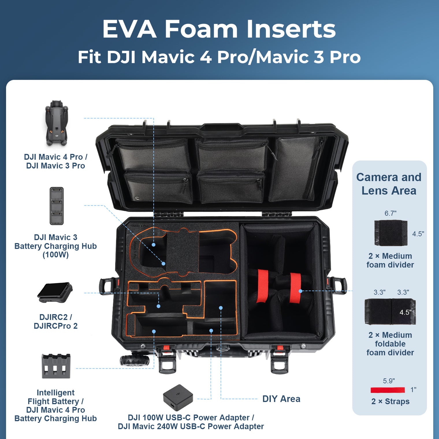 Weatherproof Hard Case for DJI Mavic 4 Pro & Mavic 3 Pro, Trolley Case with Custom-Cut EVA Foam, Wheels & Retractable Pull Handle, IP67 Waterproof Case for Camera, Drones and Gear