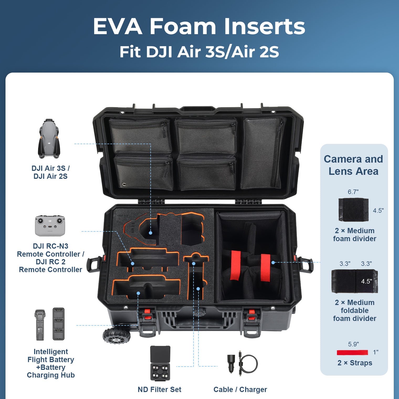 Weatherproof Hard Case for DJI Air 3S & Air 2S, Trolley Case with Custom-Cut EVA Foam, Wheels & Retractable Pull Handle, IP67 Waterproof Case for Camera, Drones and Gear