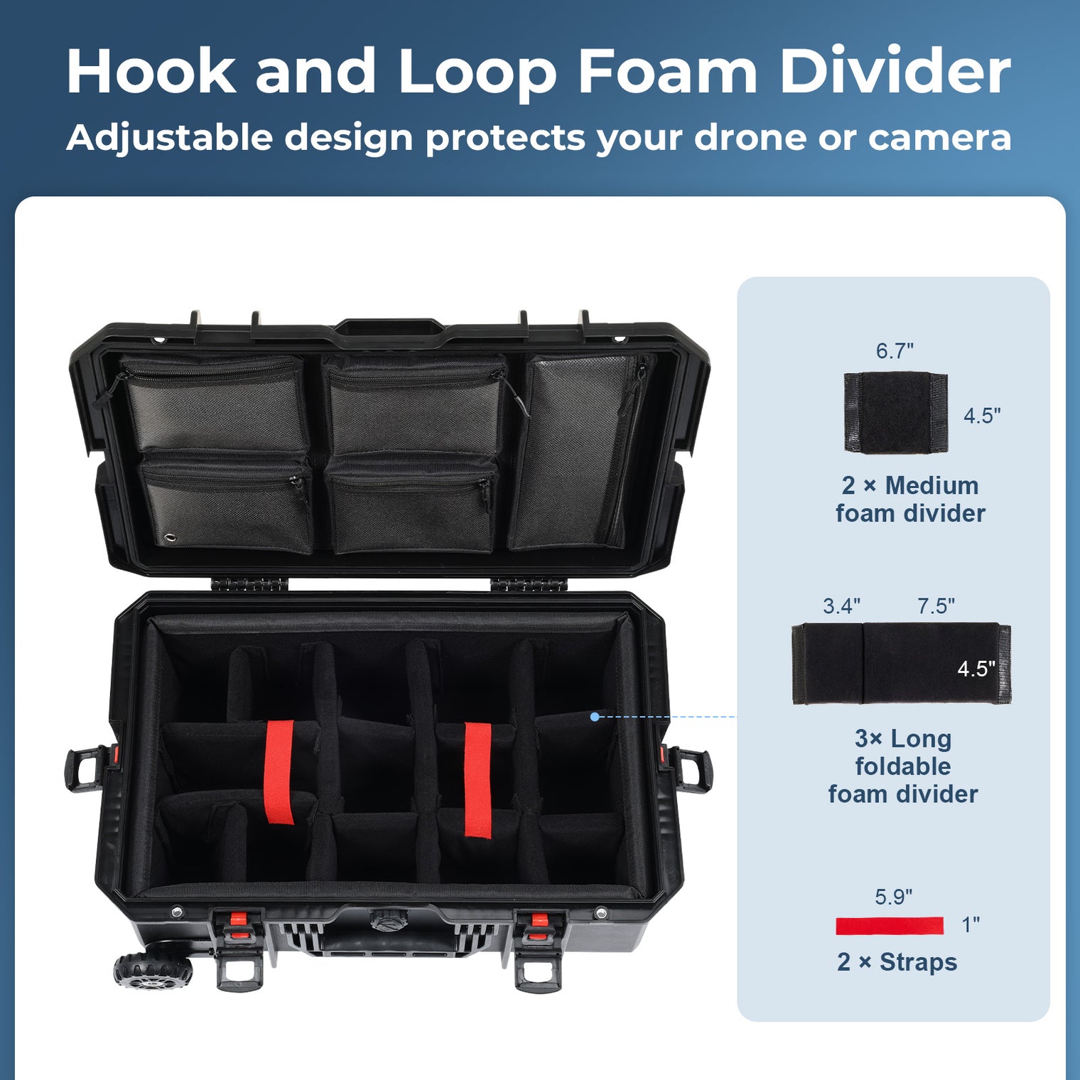 Weatherproof Hard Case, Trolley Case with Wheels, Retractable Pull Handle, IP67 Waterproof Case for Camera, Drones and Gear