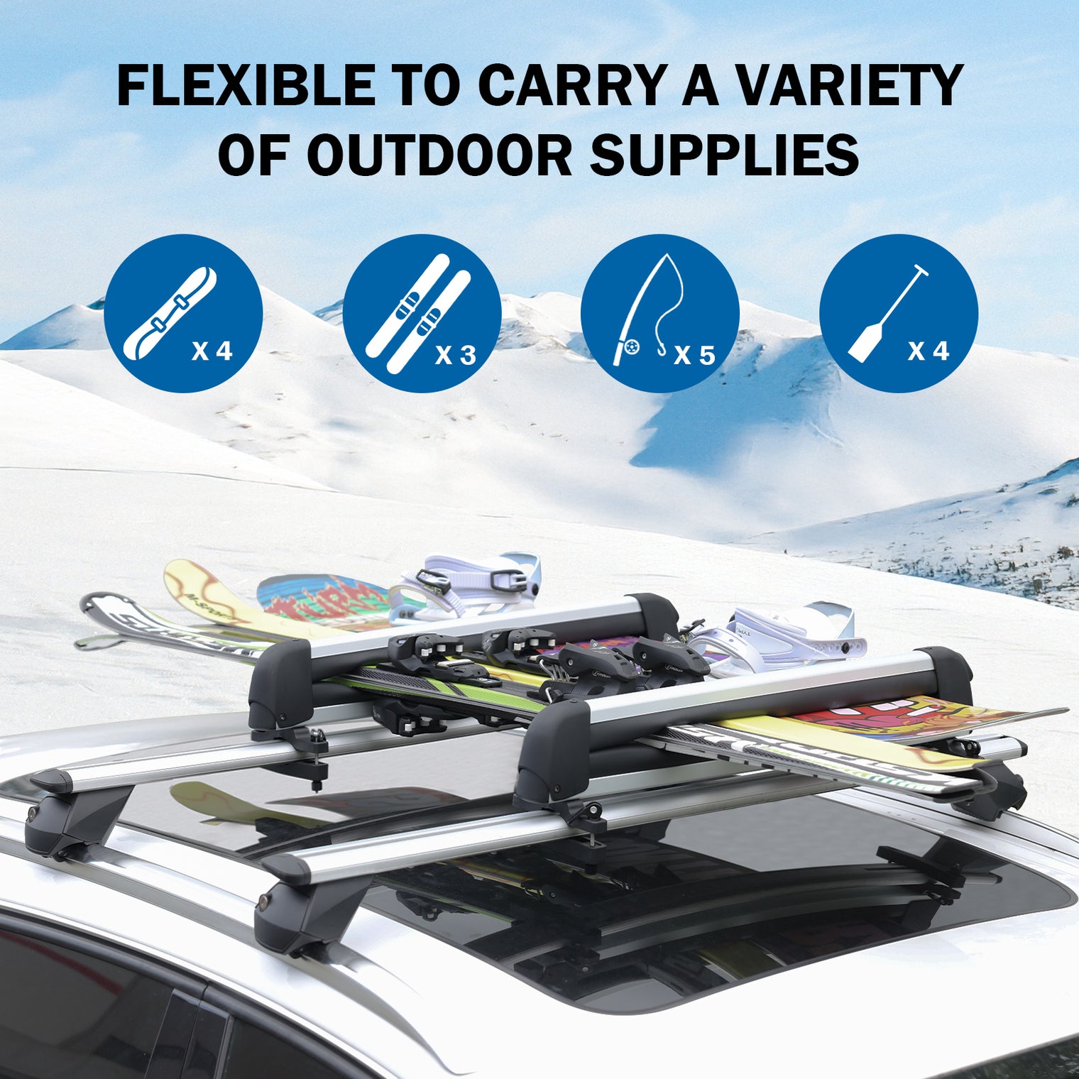 Ski and Snowboard Rack for Car Roof, with TPV Rubber Padding and Lock